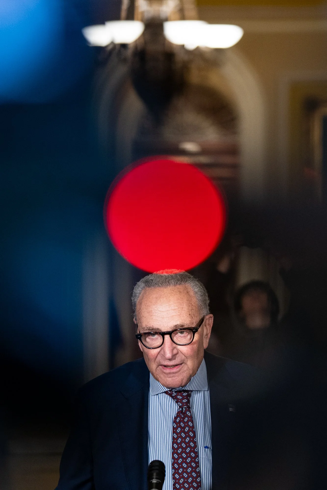 Minority Leader Chuck Schumer (D-N.Y.) addresses reporters at a press conference after luncheons at the U.S. Capitol in Washington, D.C., on Tuesday, August 4, 2026.