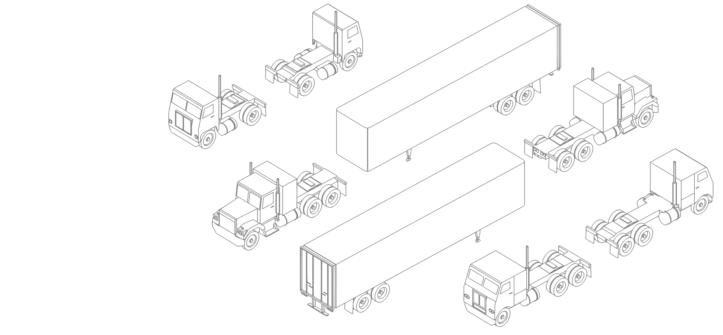 Line drawing of multiple trucks, including semi-trailers and tractor units, in various orientations, with some trucks carrying enclosed trailers for Fruehauf NZ