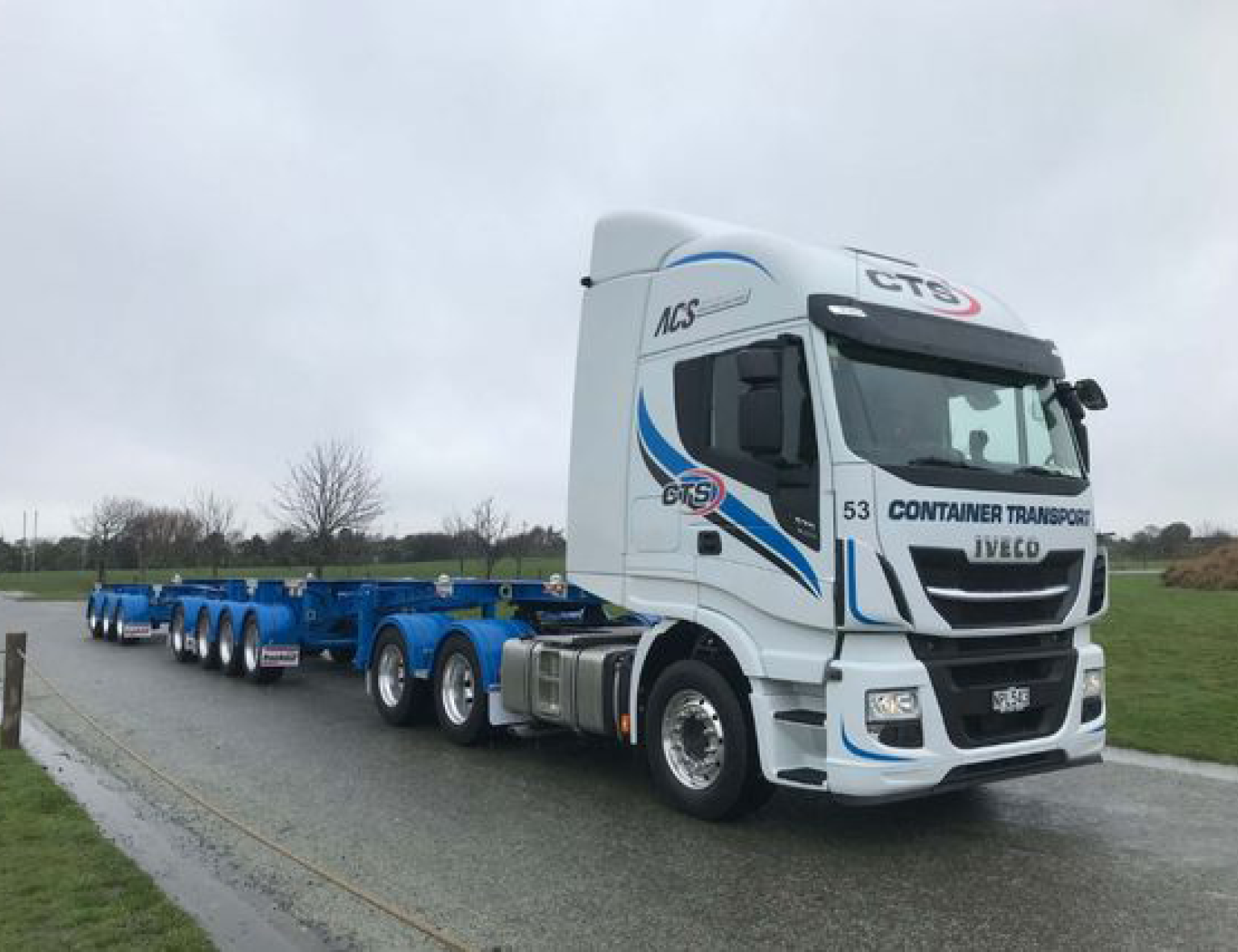 Example of a skeletal trailer, made by Fruehauf in New Zealand for Container Transport
