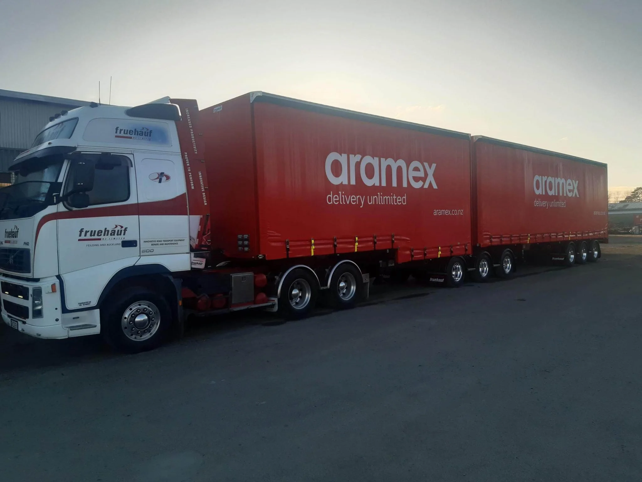 The hero image of the trailers section on Fruehauf's website; an Aramex trailer made by Fruehauf NZ