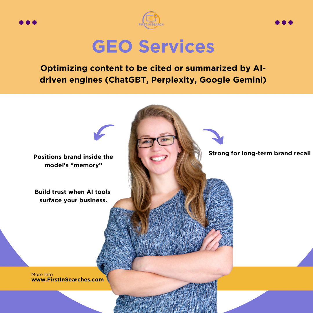 A woman with glasses and long hair smiling with arms crossed, standing in front of an informational graphic about GEO services, including optimizing content for AI-driven engines and building trust with AI tools.