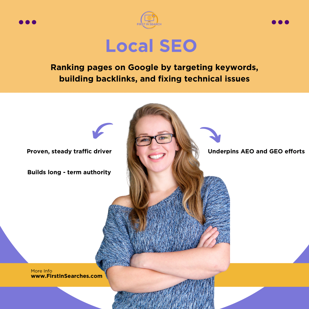 A woman with glasses and long blonde hair smiling with arms crossed, standing in front of an informational graphic about local SEO. The graphic features purple and yellow design elements and text explaining how local SEO helps rank pages on Google through keywords, backlinks, and fixing technical issues.