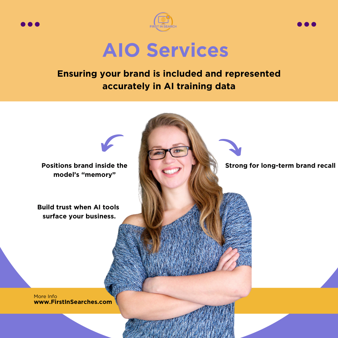 A promotional graphic for AIO services with a smiling woman wearing glasses and a blue sweater, featuring text about brand positioning and trust-building in AI training data, and contact information for FirstInSearch.com.