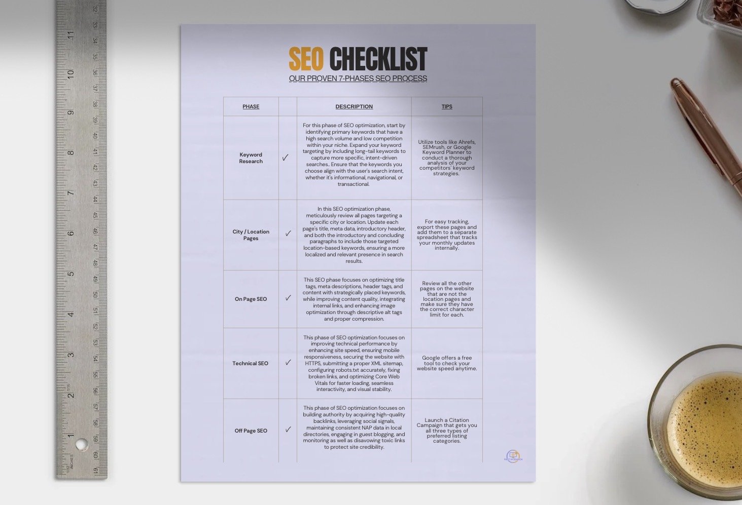 A printed SEO checklist sheet on a table, with a metal ruler on the left, a pen on the right, and a cup of coffee in the lower right corner.