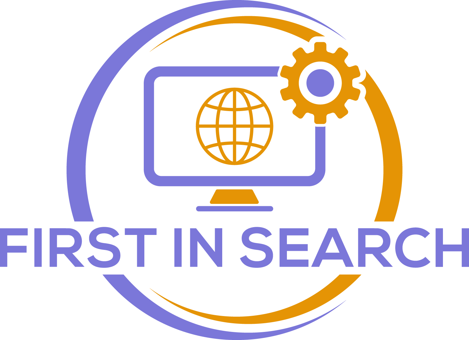 A logo featuring a computer monitor with a globe on the screen, a gear icon, and the text 'First in Search' beneath it. The design uses purple and orange colors.