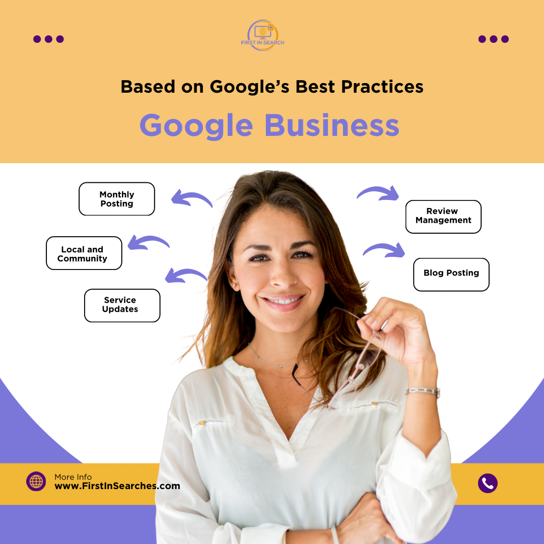 Infographic about Google Business practices, featuring a smiling woman holding glasses with arrows pointing to text boxes about posting, reviews, and management.