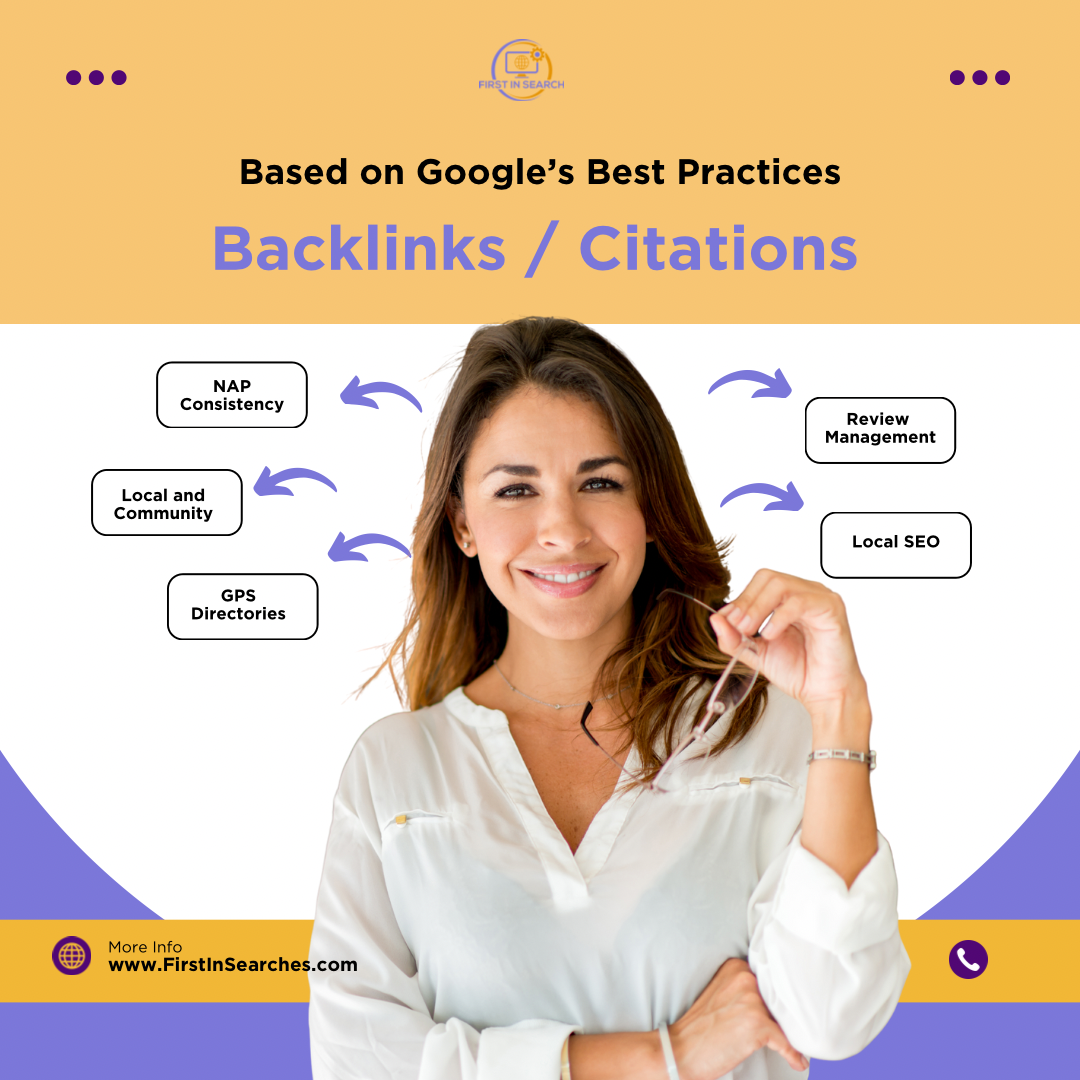 Infographic outlining Google's best practices for backlinks and citations, with a smiling woman holding eyeglasses in front of colorful background, including tips like NAP consistency, local community, GPS directories, review management, and local SEO.