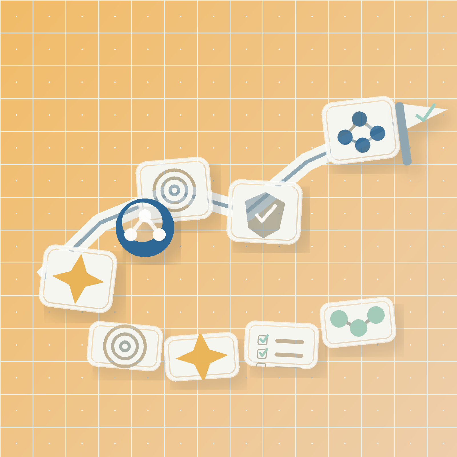 A digital illustration of a project progress timeline with various icons, including targets, checkmarks, molecules, stars, and a list, on a background resembling a grid or graph paper.