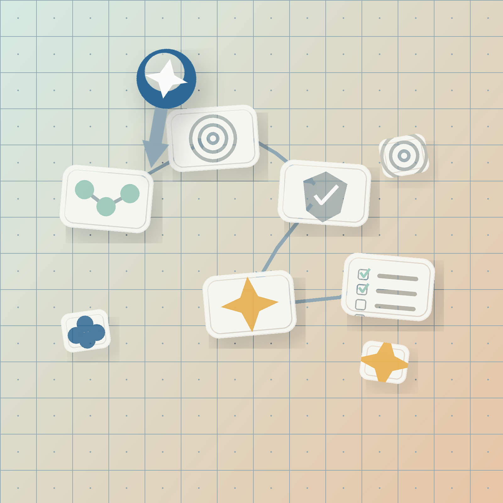 A flowchart on graph paper background with icons and symbols, including a blue star, target, checkmark, chart, checklist, and cloud.