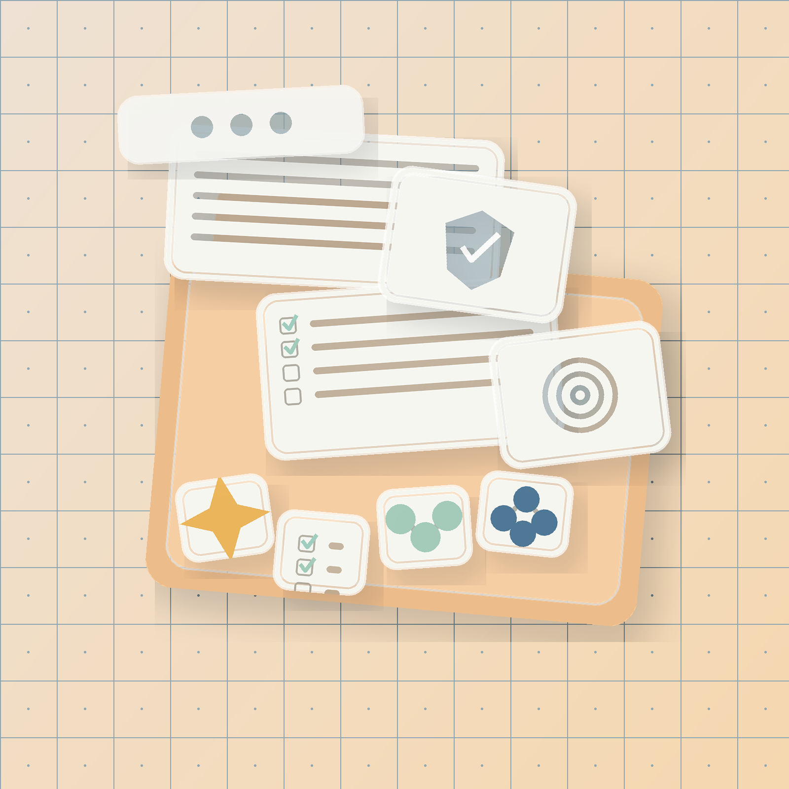 Digital planner or notebook on a grid-lined surface with various icons including a star, a target, checklists, and symbols for social groups and approval.