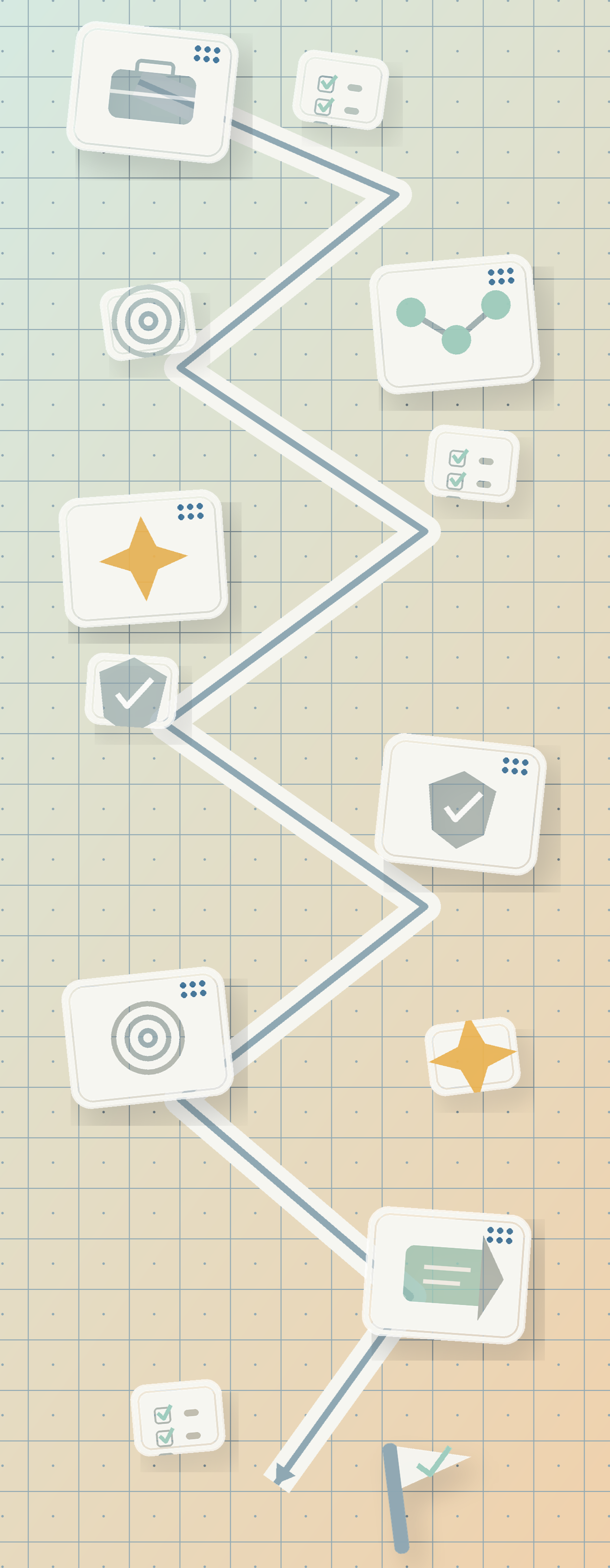Illustration of a DNA double helix strand with various icons representing data points, checklists, target, and analysis tools connected along the strand.