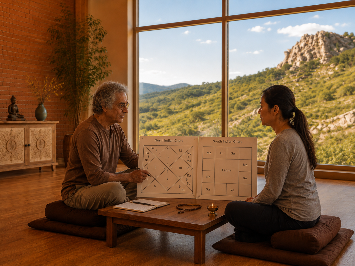 A man and a woman discussing Vedic astrology in a room with large window overlooking mountains. They are sitting on cushions with charts labeled North and South Indian on the table between them, surrounded by spiritual decor.