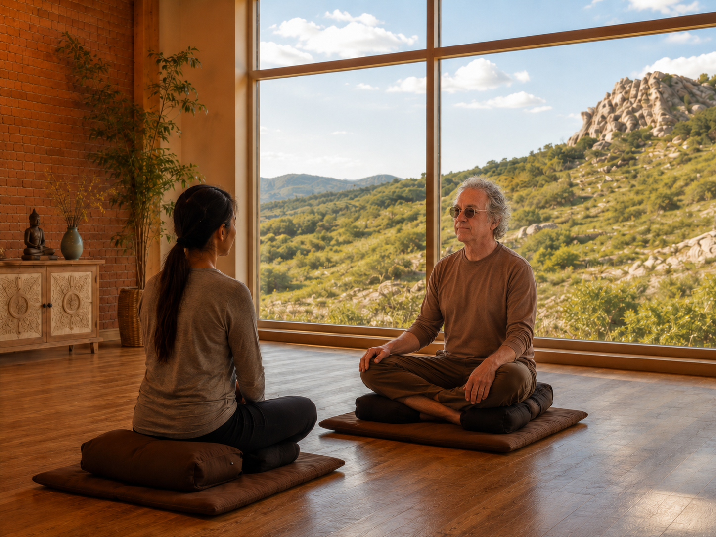 A woman and a man sit cross-legged on cushions in a meditation hall, facing each other with a large window behind them, showing a scenic mountain landscape and blue sky.
