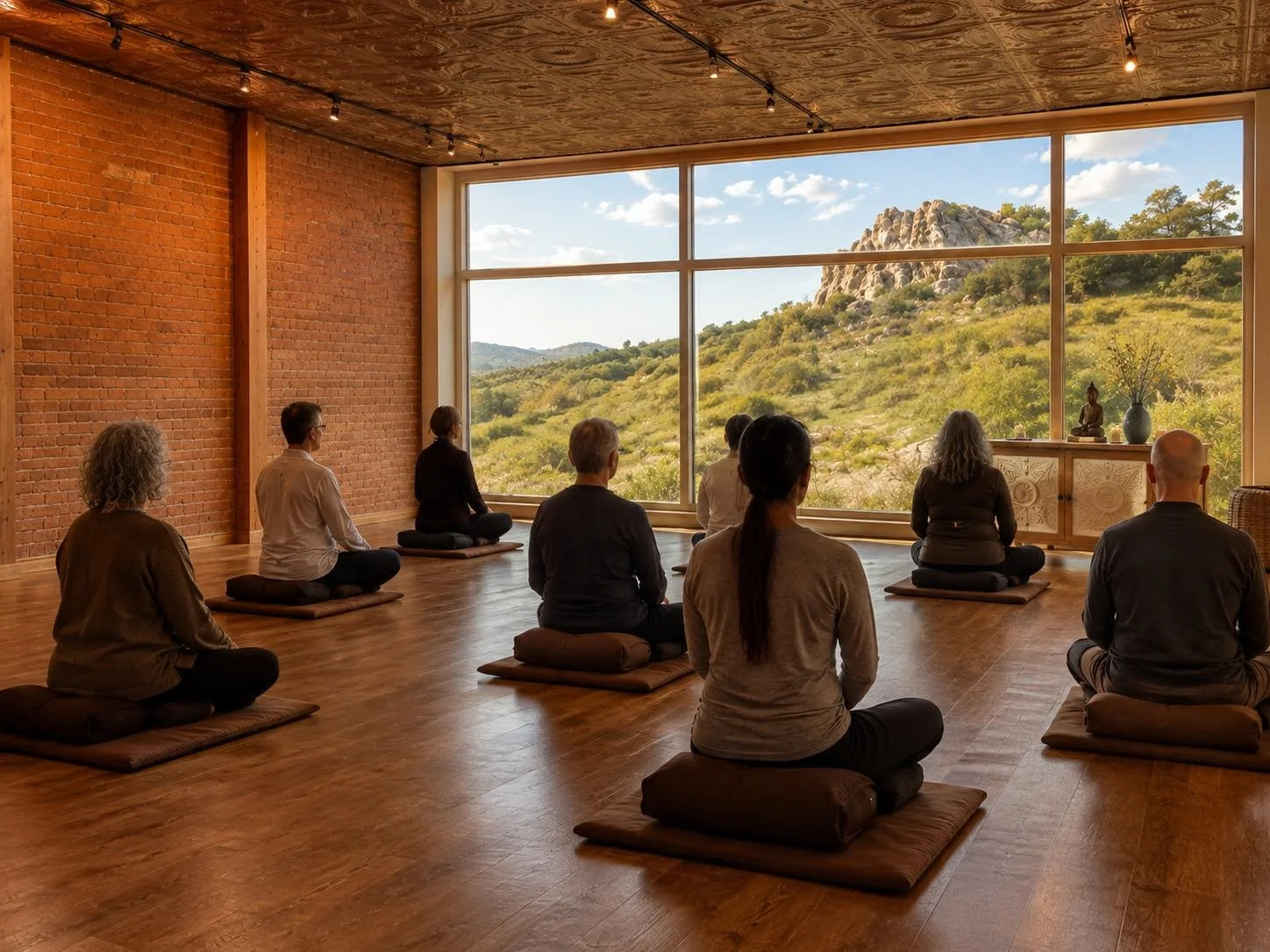 A group of people practicing meditation in a peaceful studio with a large window showing a natural landscape of hills and trees.