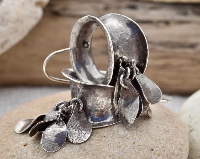 Silver Leaf Cluster Hanging Cuff Earrings