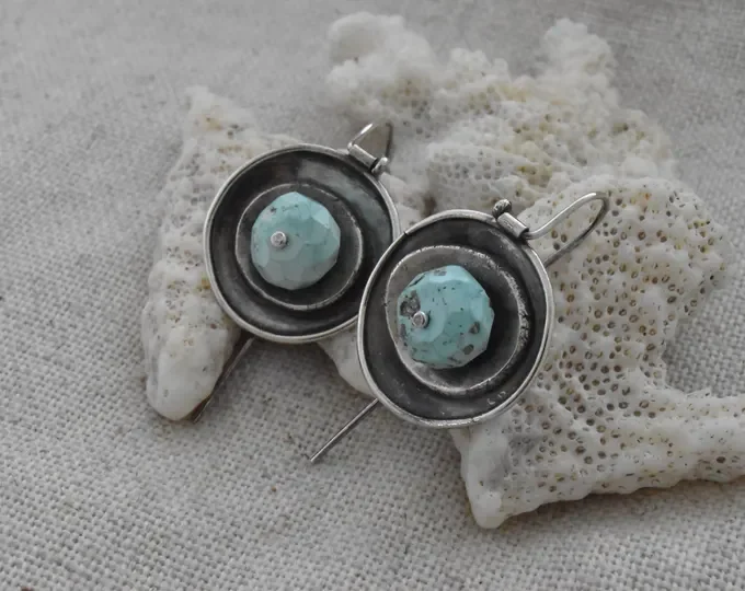Turquoise and Silver Disc Earrings