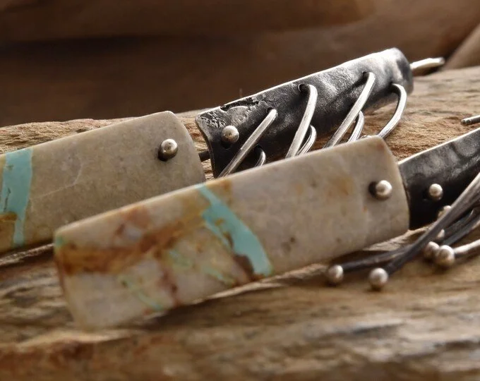 Long Silver Turquoise Rectangular Earrings