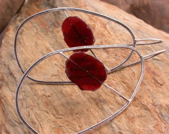 Raw Garnet Slice in Sterling Silver Hoops