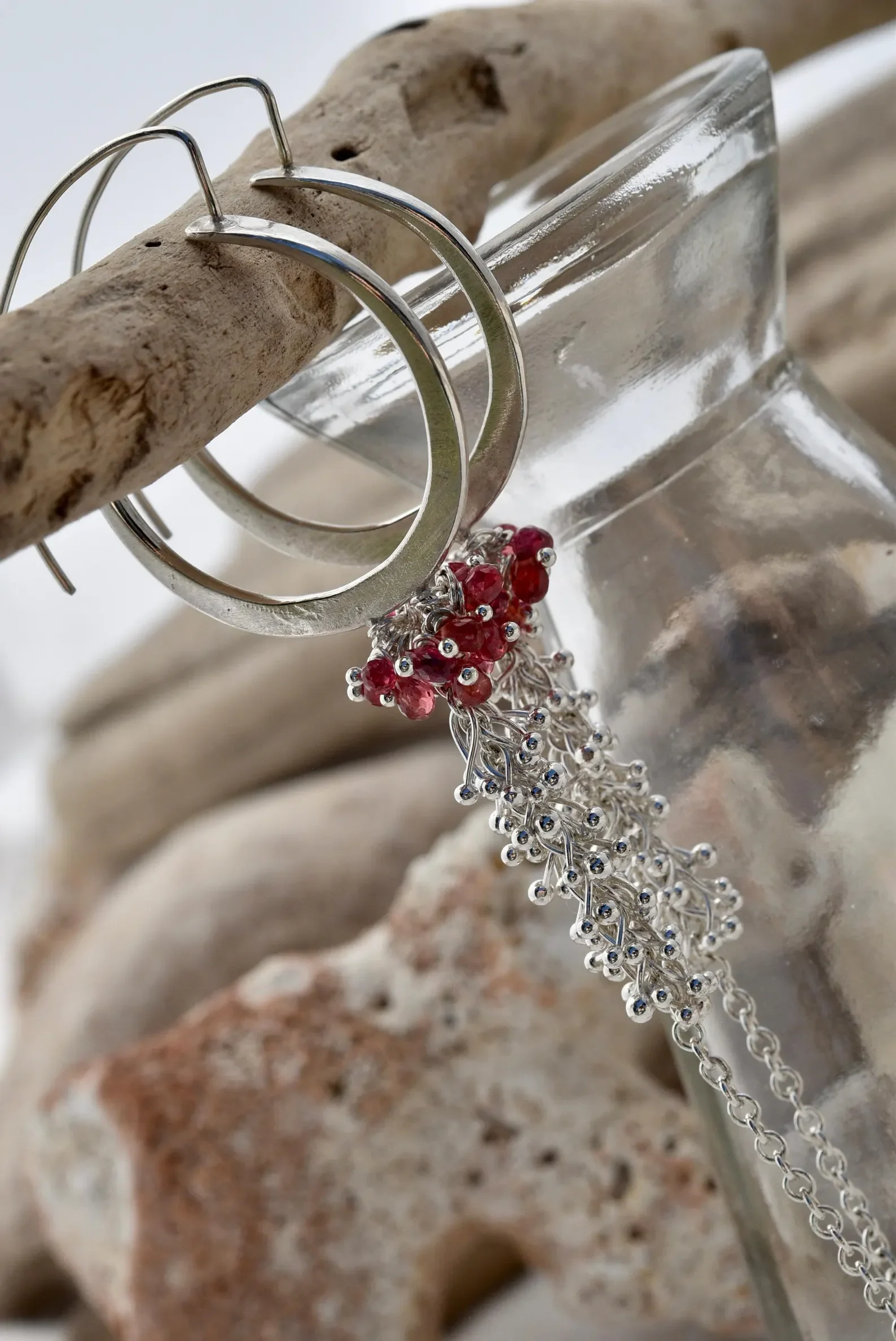 Long Forged Hoop Earrings with Red Spinel Cluster