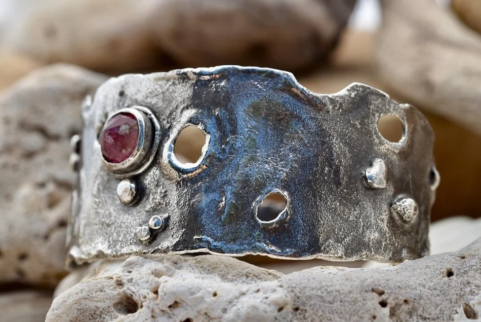 Fused Sterling Silver Cuff Bracelet with Pink Tourmaline