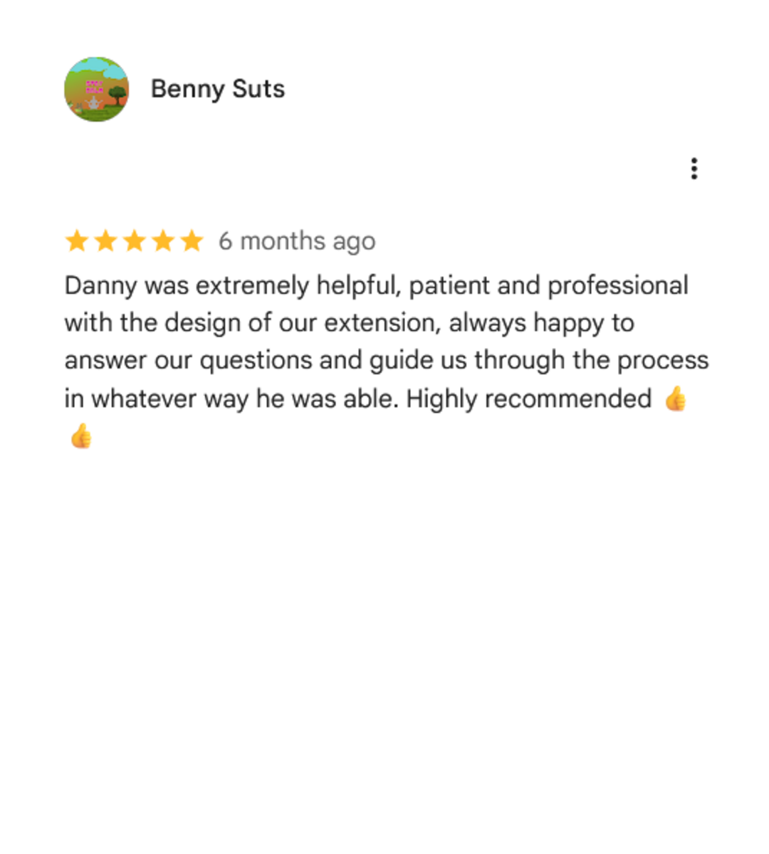 Customer review on a mobile app, showing five stars, a five-star rating, and a positive written testimonial about a person named Danny helping with an extension project.
