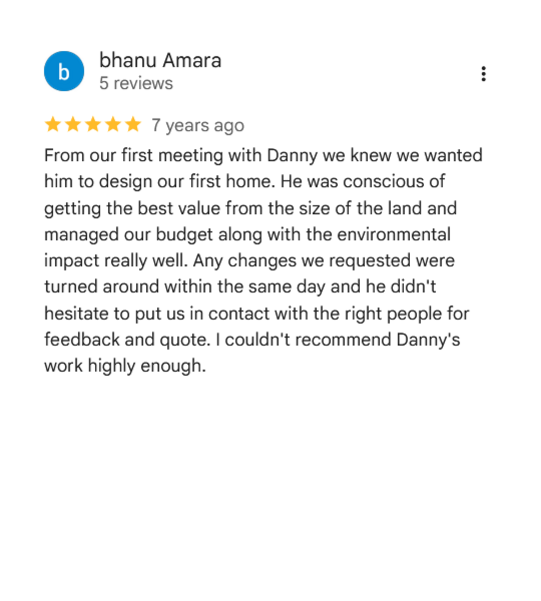 Screenshot of a Google review for Bhanu Amara, describing positive experience with a home designer named Danny.
