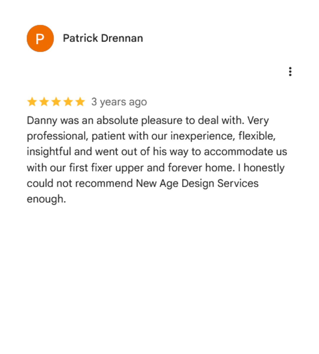 Google review for Patrick Drennan with five stars and a detailed testimonial about excellent design services.