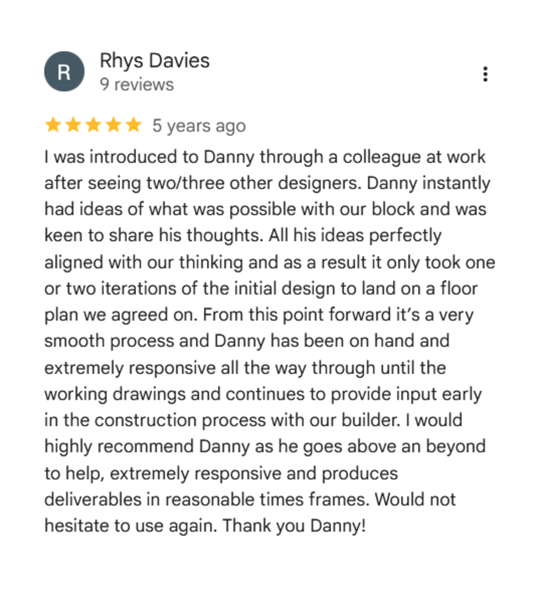 Customer review for Danny with five-star rating, describing positive experience with design process and responsiveness.