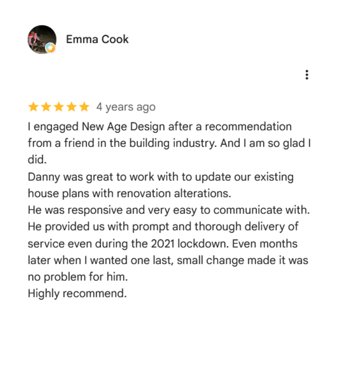 A screenshot of a positive customer review about a construction or renovation service, praising Danny for his responsiveness, promptness, and quality work.