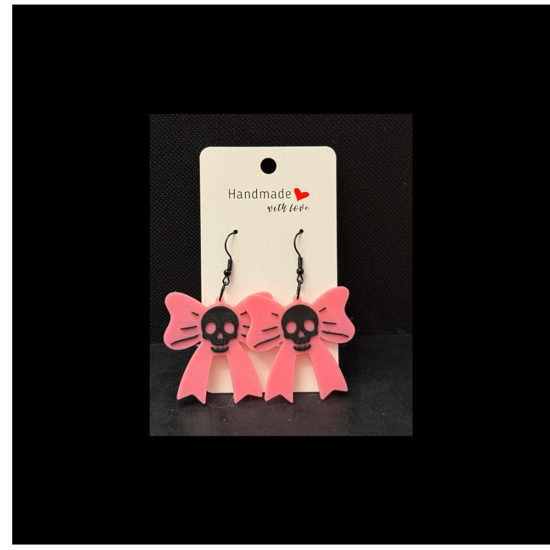 3D Printed Pink Bow Skull Dangle Earrings