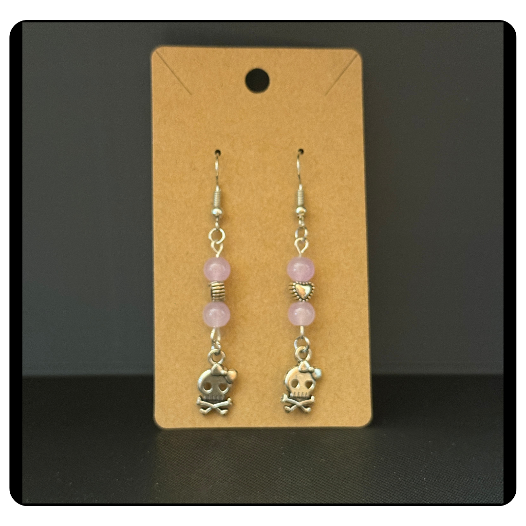 Skull & Bow Dangle Earrings with Pink Beads