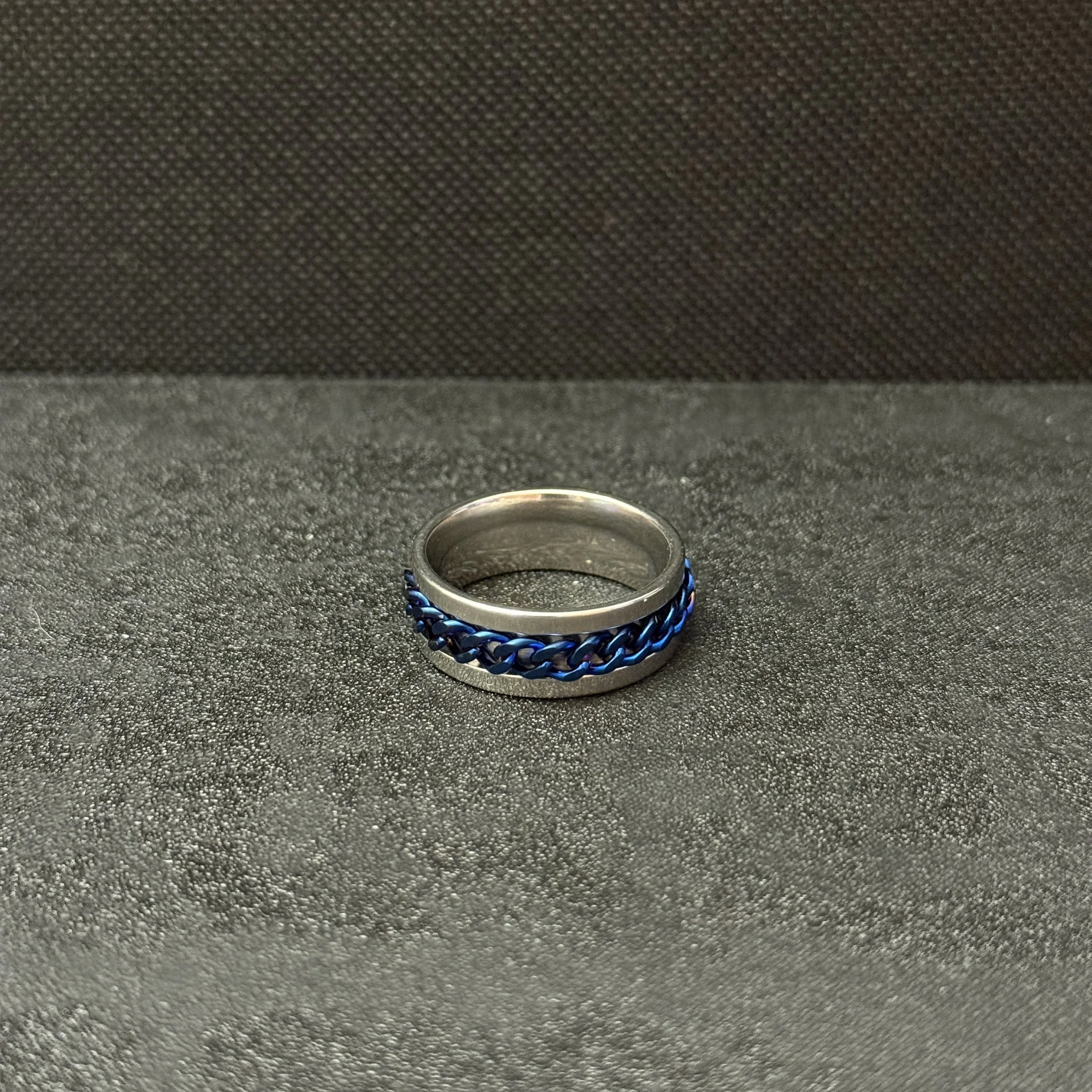 Silver Tone Blue Cuban Link Ring - Size 10