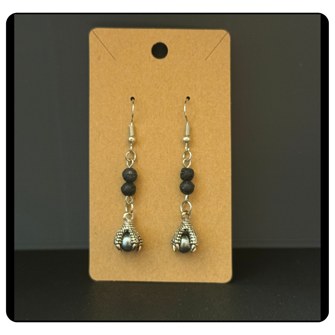 Dragon Claw Dangle Earrings with Black Lava Beads