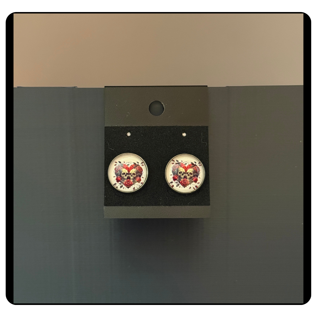 Mystic Heart Skull & Rose Stud Earrings