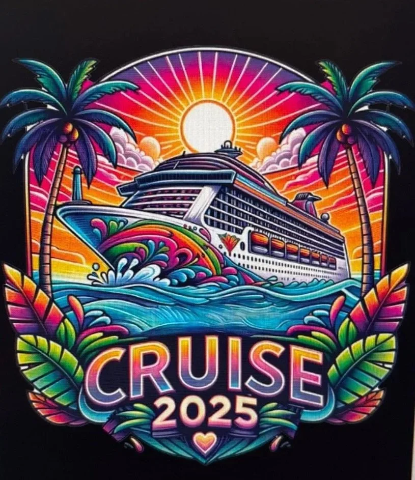 Colorful illustration of a cruise ship on water, with a bright sun and pink-orange sky in the background, flanked by palm trees and tropical leaves, with the text "CRUISE 2025" at the bottom.