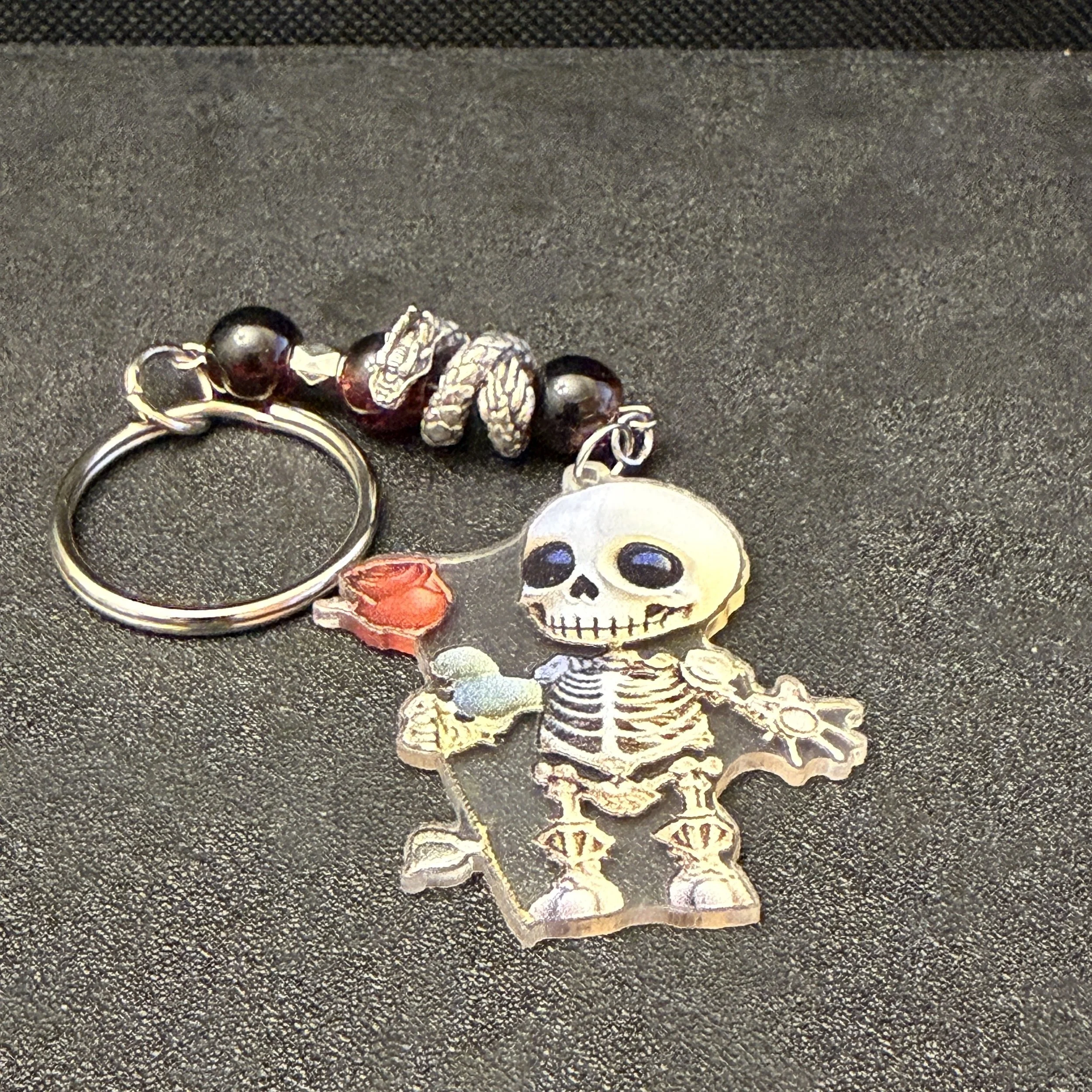 Skeleton & Rose Enchanted Keychain with Dragon Bead Wrap