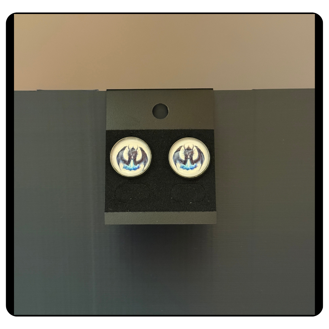 Mystical Blue Dragon Cabochon Stud Earrings