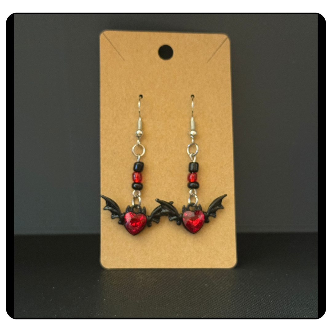 Black Bat Heart Dangle Earrings