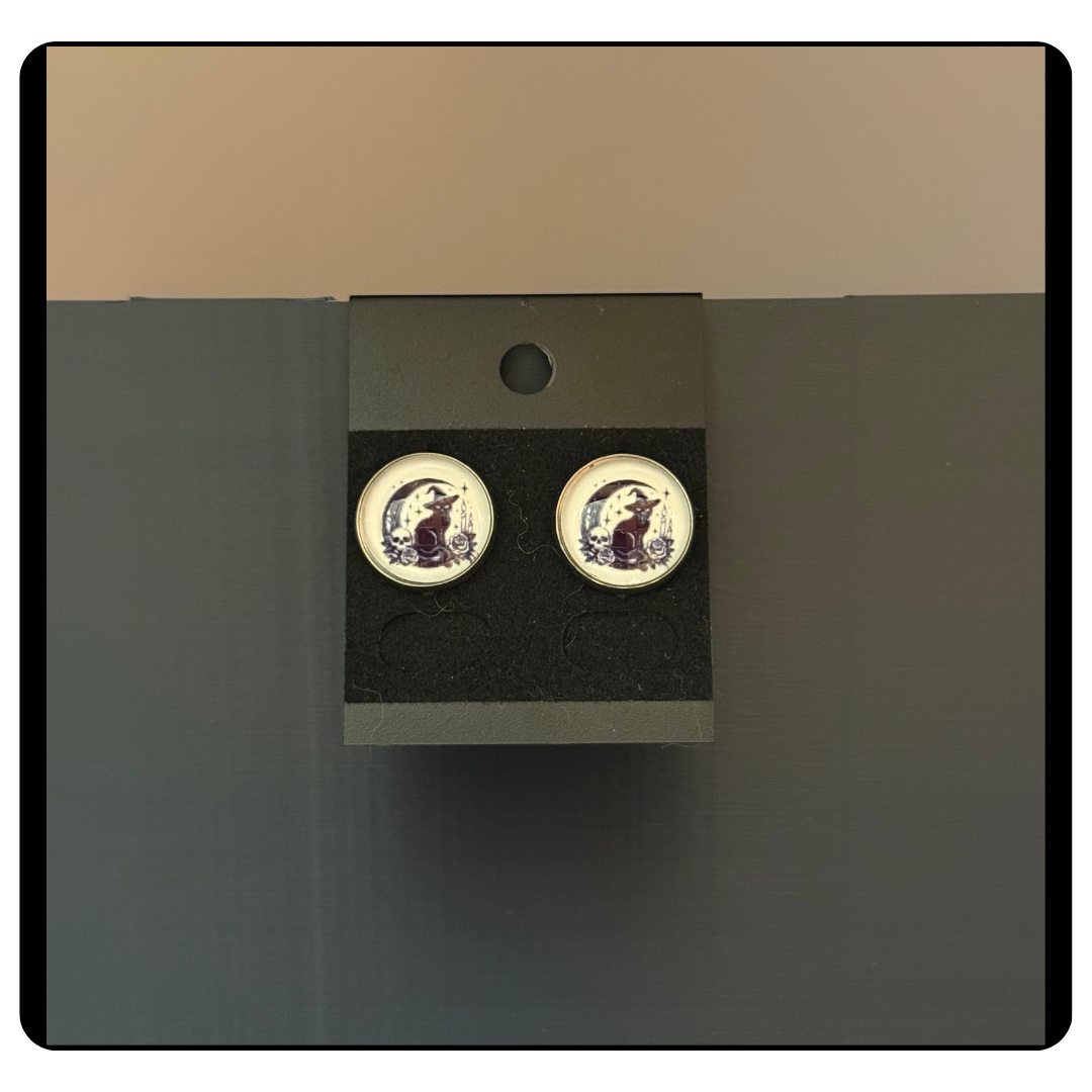 Mystical Cat Witch Cabochon Earrings
