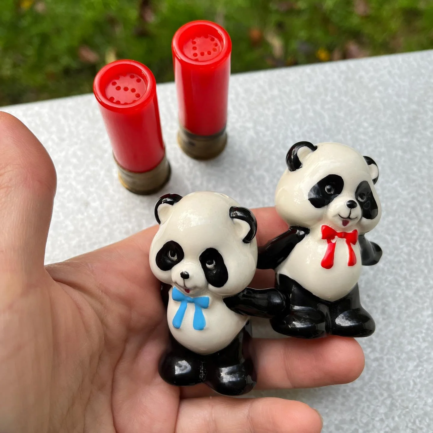 the thing about working for a thrift store is some weeks u find shakers shaped like shotgun shells and panda bears