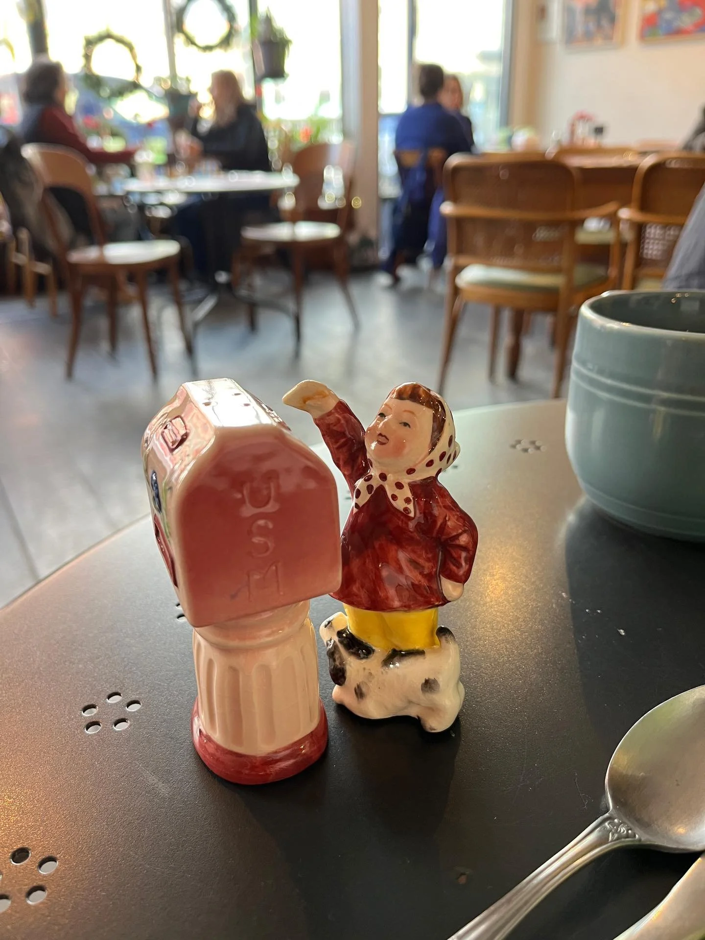 thank you to Diane for my newest set! now living with another one of my (much smaller) collections: Mail Stuff Plus A Cat Lamp And A Goat. already features another mail-based S&amp;P. the sparkly bag is by Shari Elf, the creator of the @worldfamouscr