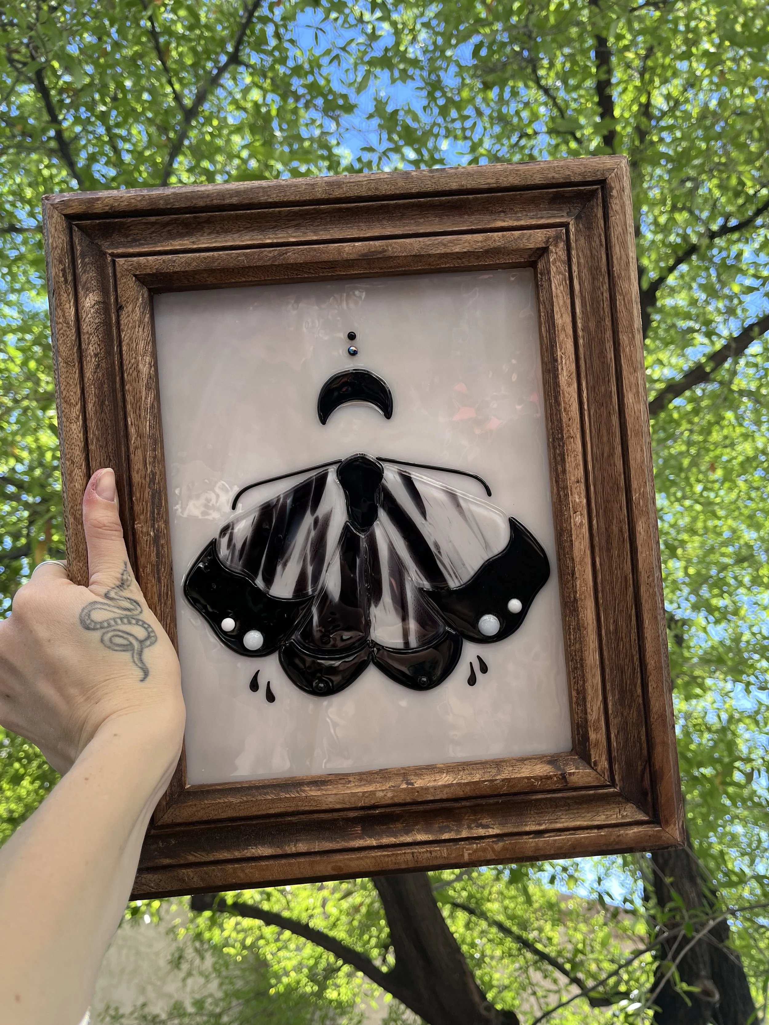 Framed Fused Glass Moth with Moon