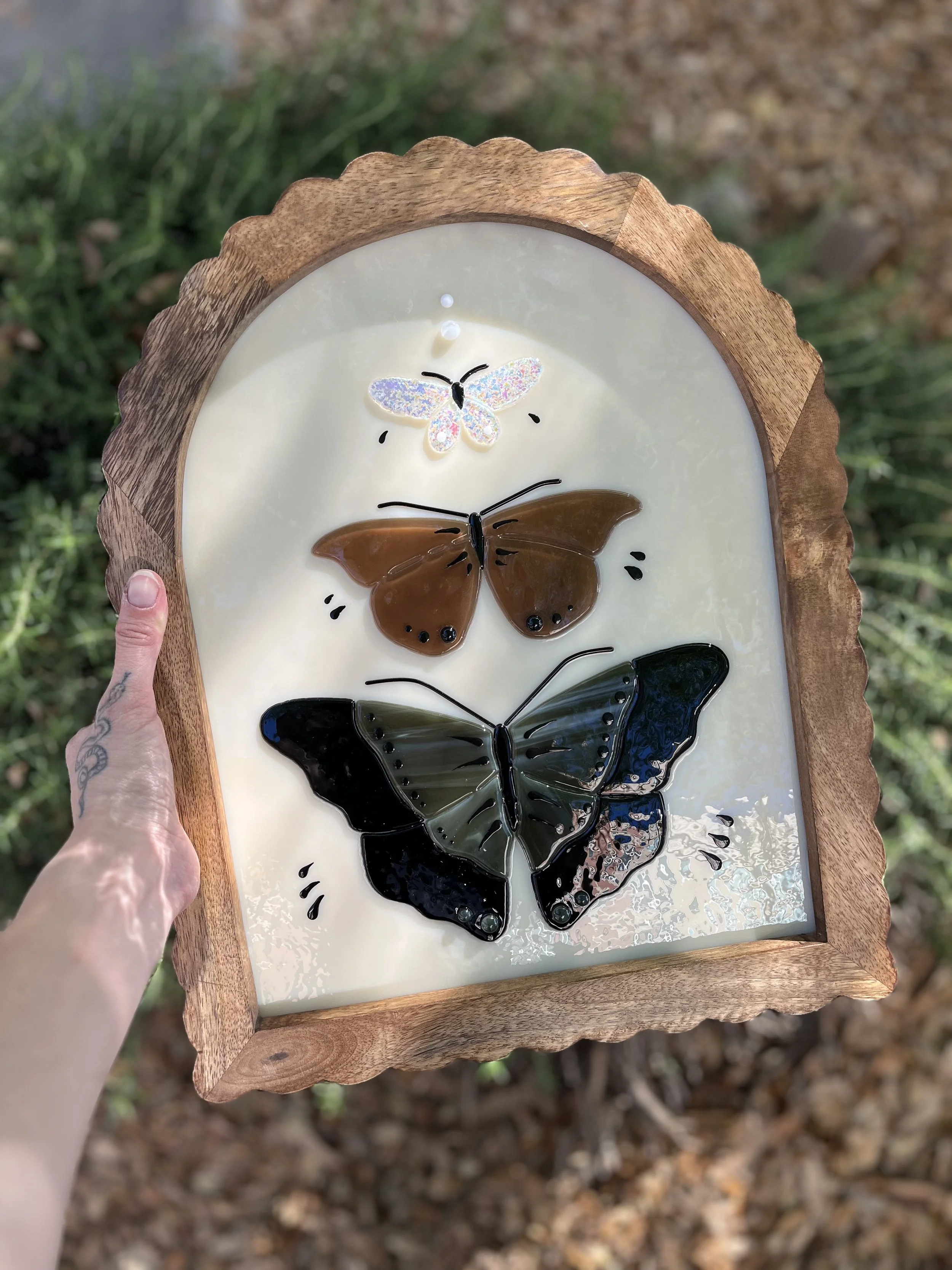 Framed Fused Glass Triple Butterfly Display