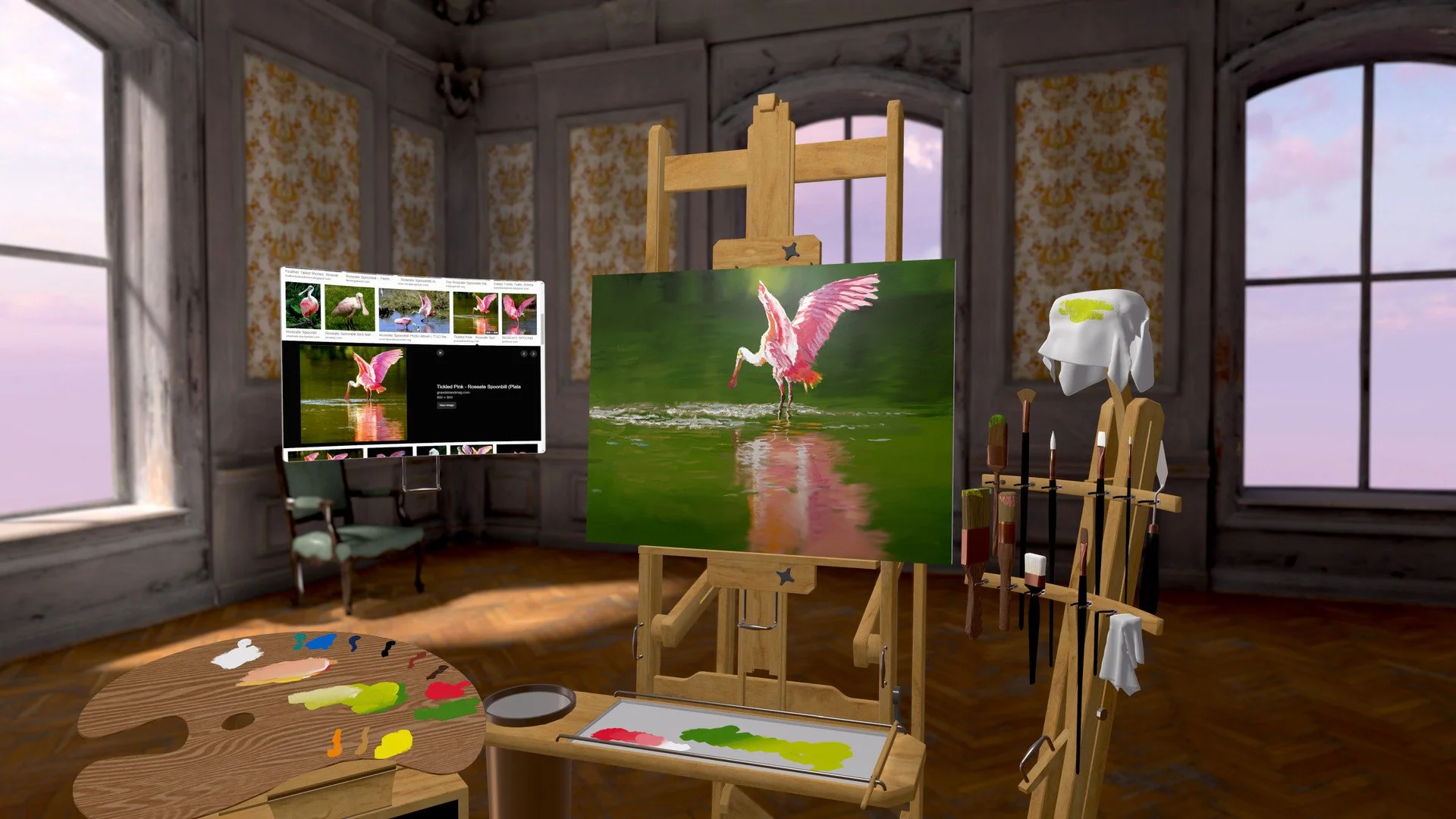 Virtual reality painting studio with student artwork