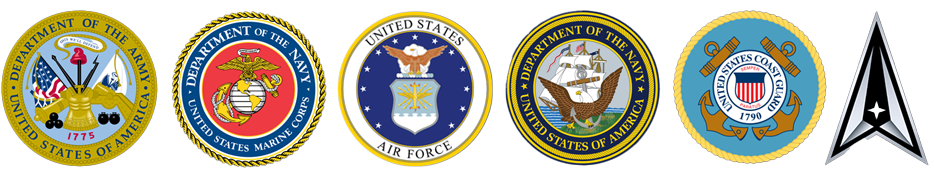 Logos of various US military branches including the Army, Navy, Marine Corps, Air Force, Coast Guard, and Space Force.