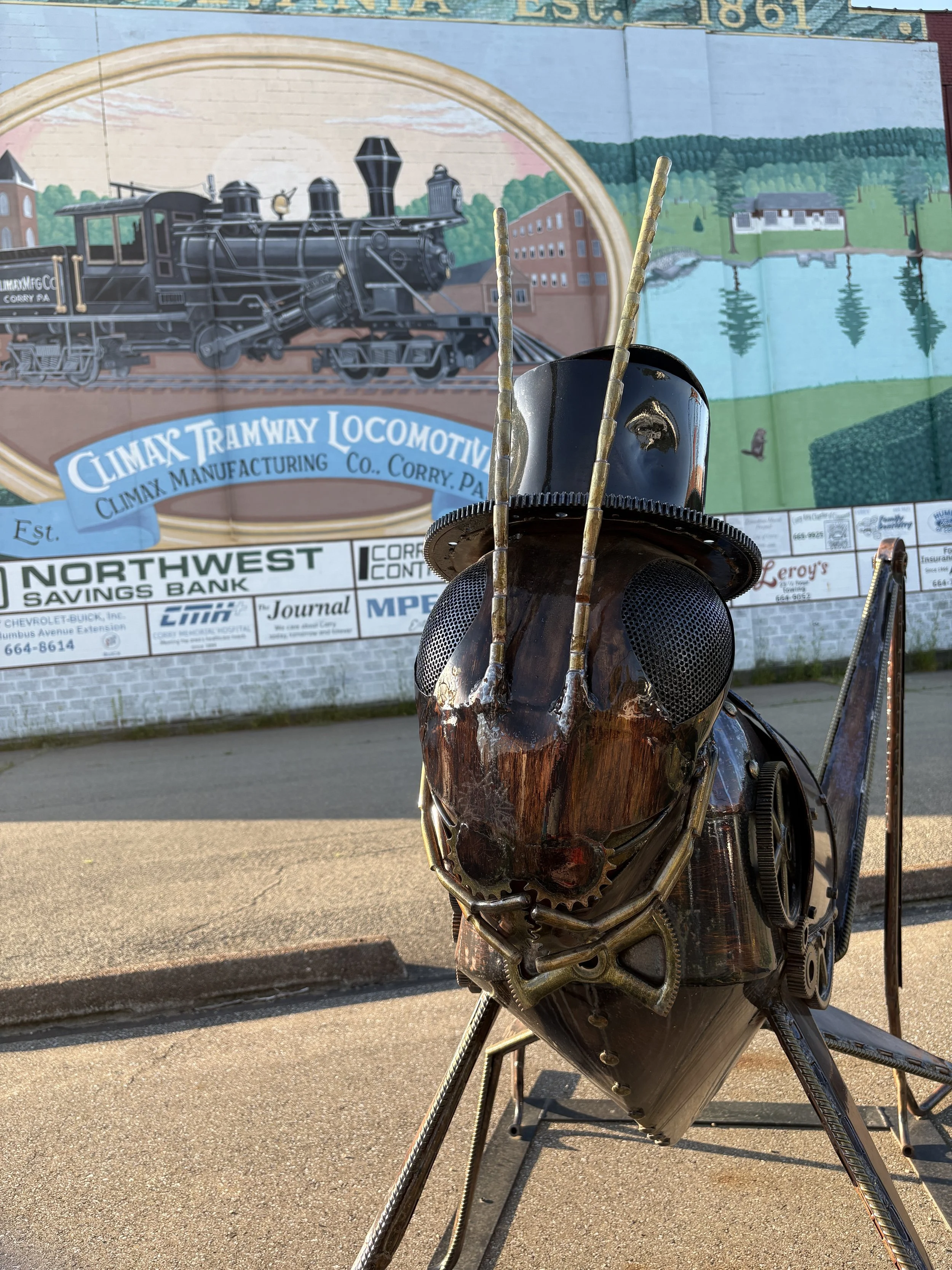 Metal Grasshopper Sculpture, Downtown Corry