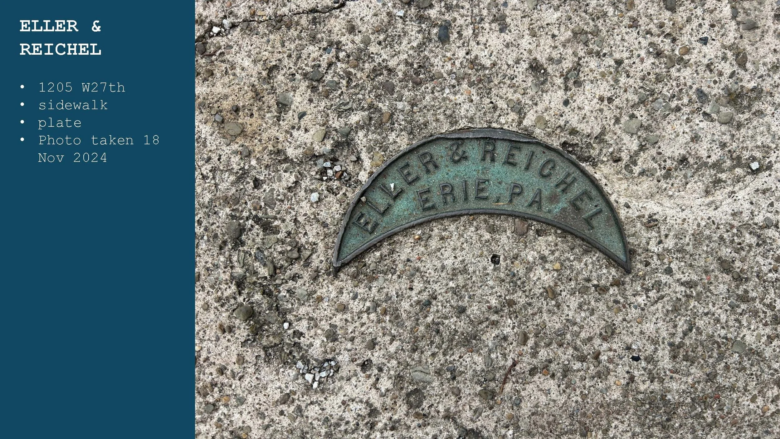 A metal plaque embedded in a sidewalk displaying the names 'ELLER & REICHEL' with an arch shape. The sidewalk is concrete with small pebbles. On the left side, there is a blue sidebar with text providing address and photo details.