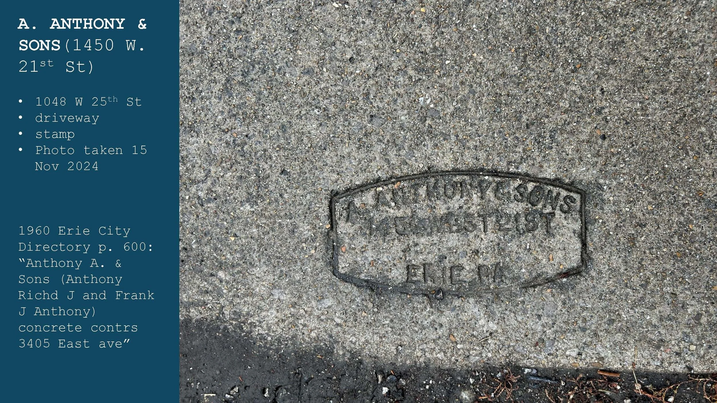 Photo of a manhole cover embedded in asphalt pavement with embossed text reading 'A. Anthony & Sons Erie, PA'.