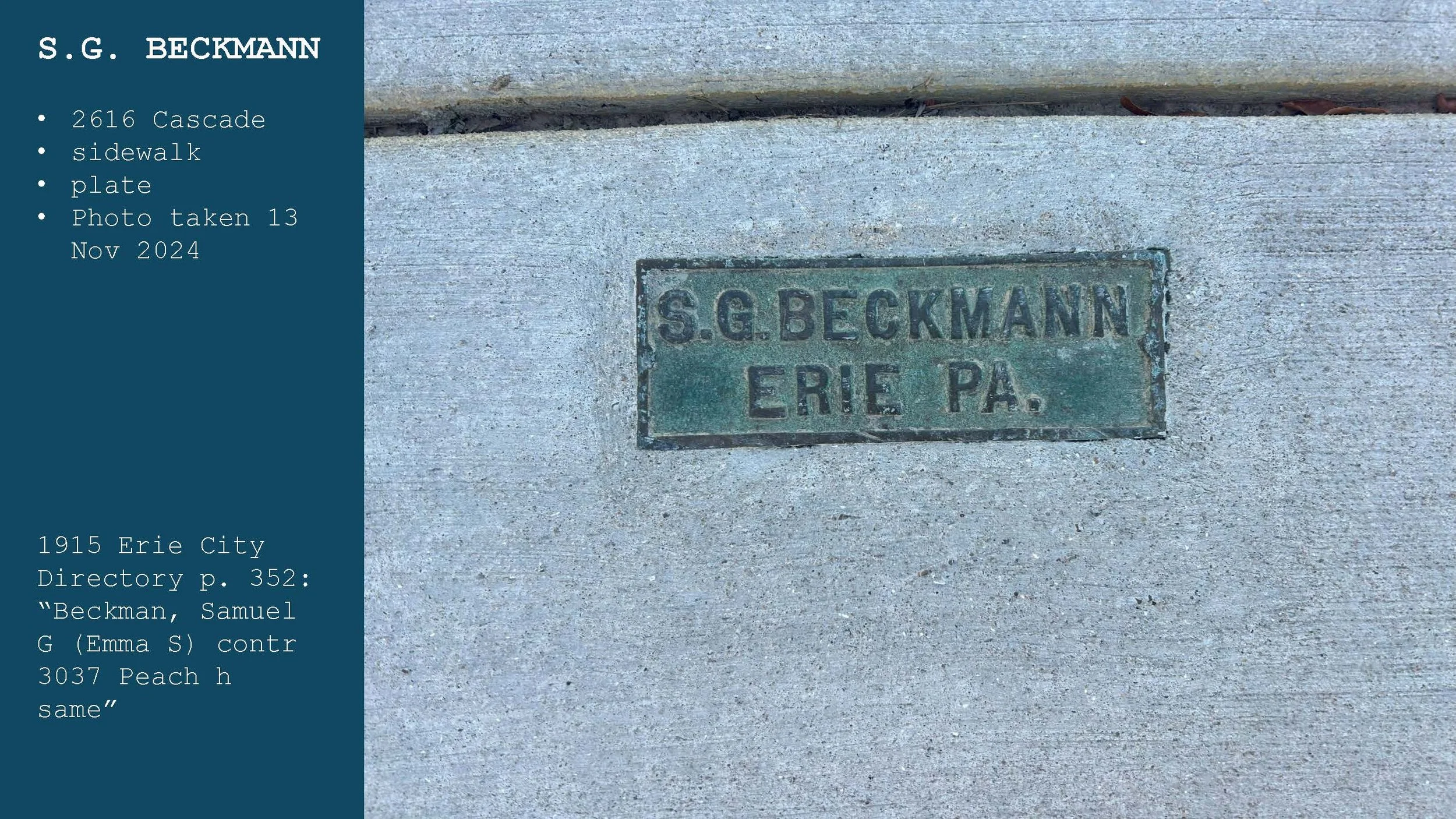 Close-up photograph of a weathered brass or bronze sidewalk plate with green patina, embedded in concrete, with the inscription 'S.G. BECKMANN ERIE PA.' in raised letters.