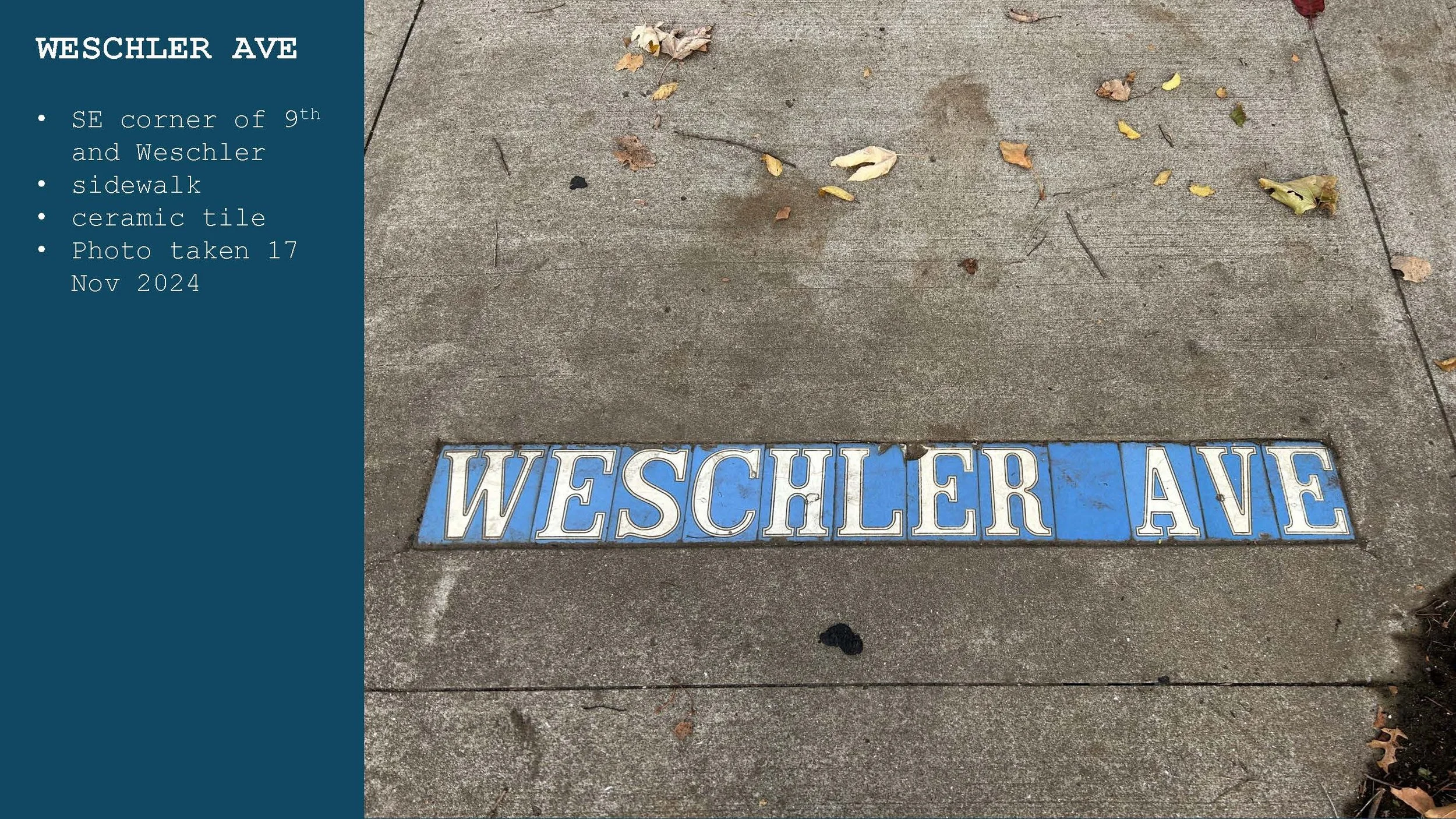 Blue ceramic tile street sign displaying "Weschler Ave" on concrete sidewalk, with fallen leaves around.